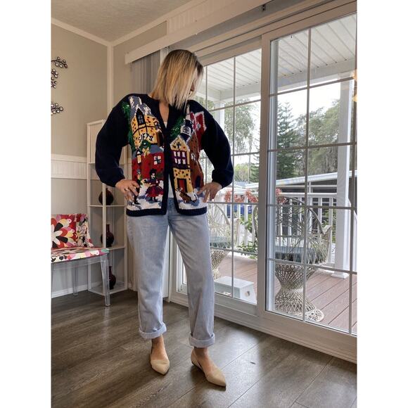 Vtg Birch Bros Holiday Christmas Sweater Cardigan Women's Multi-Color Graphic M - Picture 2 of 12